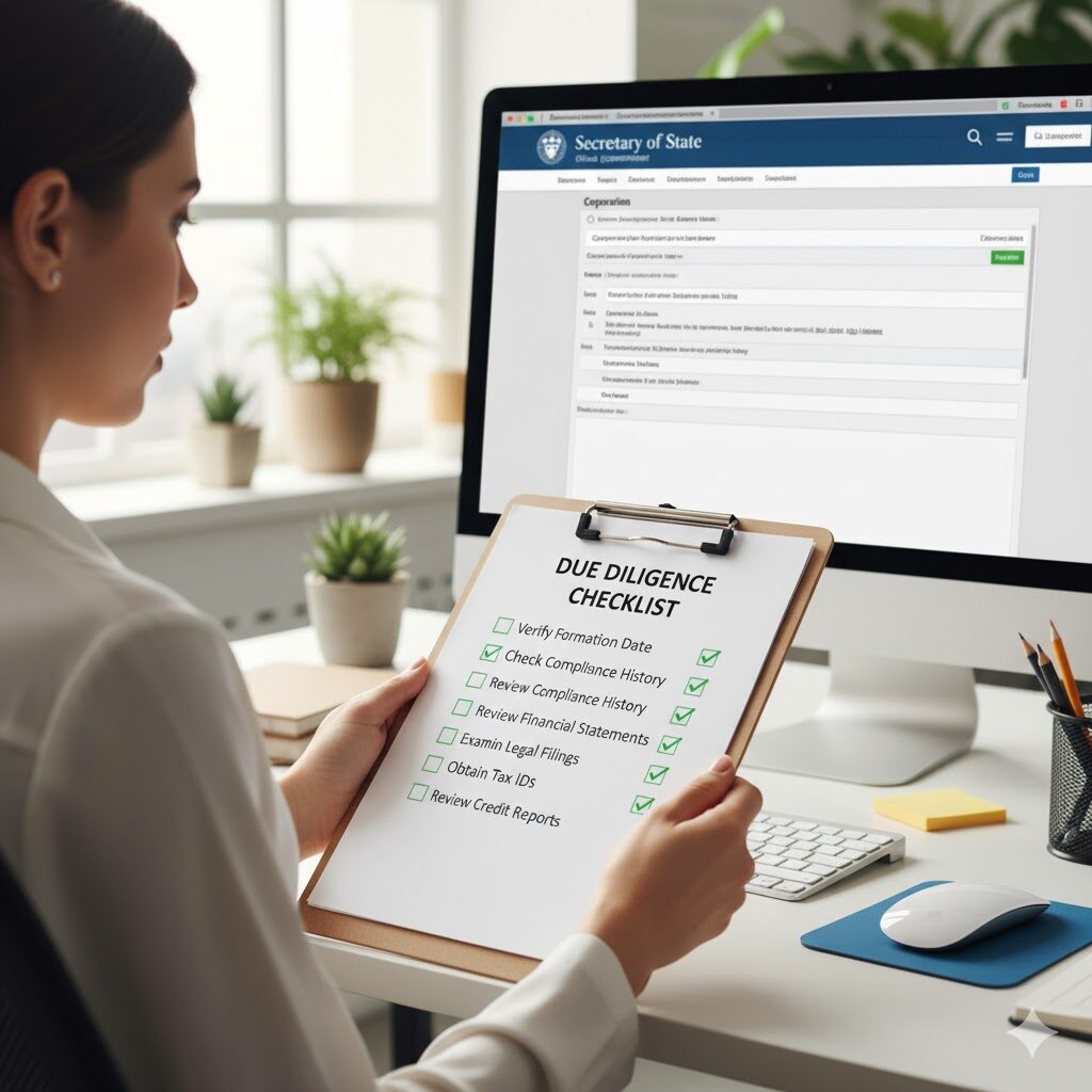 Business professional reviewing a due diligence checklist for aged corporations, verifying formation date, compliance, and credit reports before acquisition.