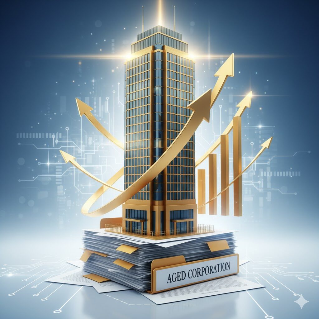 Symbolic image of a golden corporate building growing from documents labeled “Aged Corporation,” representing business growth and financial success after proper selection.