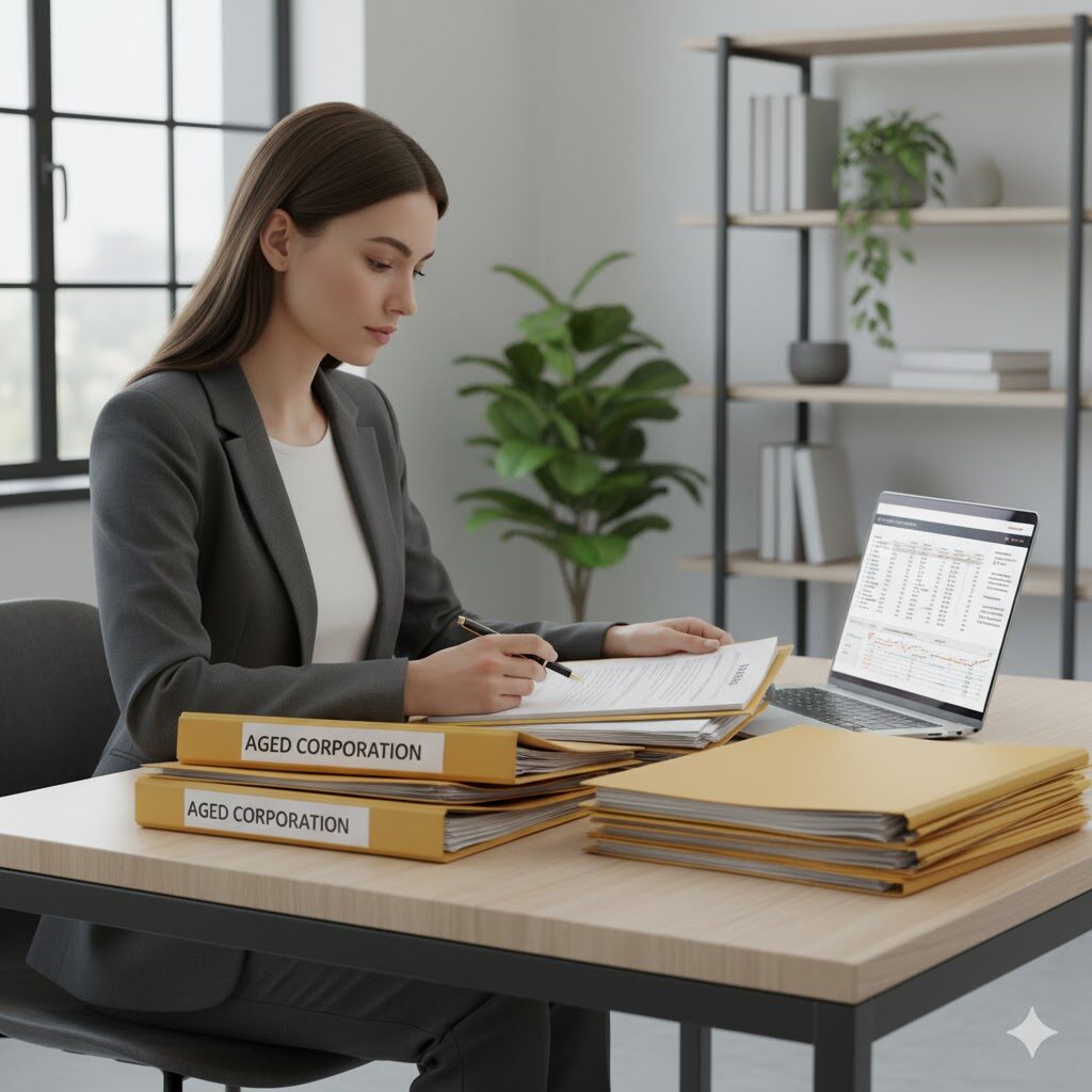 Entrepreneur reviewing multiple aged corporation documents and compliance reports on a modern office desk, representing evaluation before purchase.