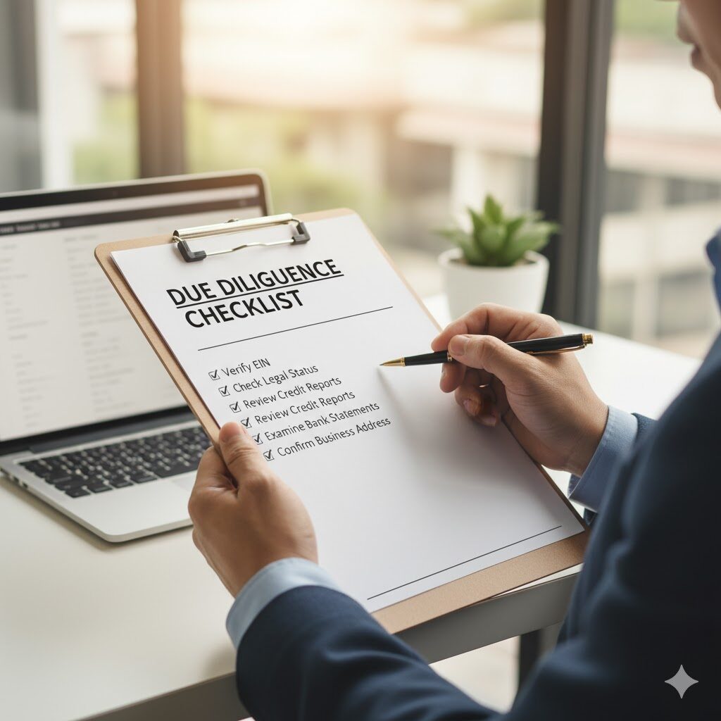 Business consultant holding a due diligence checklist verifying aged corporation legal status, EIN, and credit reports.