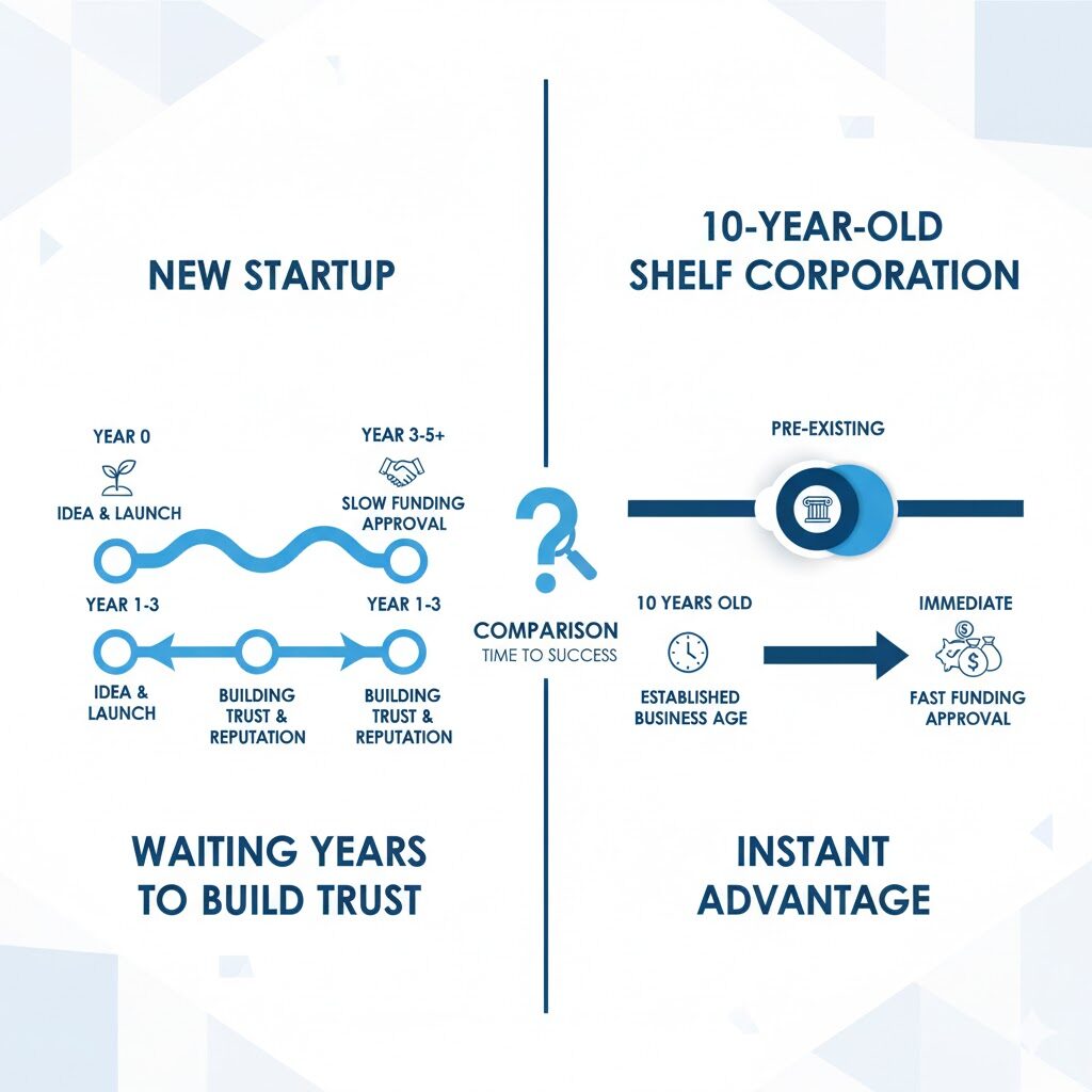Infographic comparing shelf corporation instant credibility vs. new business growth timeline.