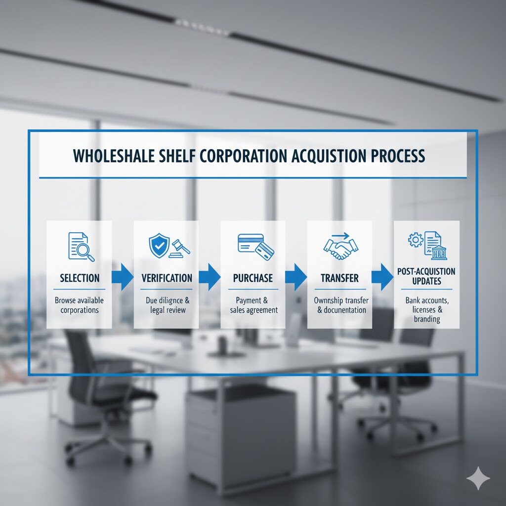Step-by-step diagram of the wholesale shelf corporation purchase and transfer process.