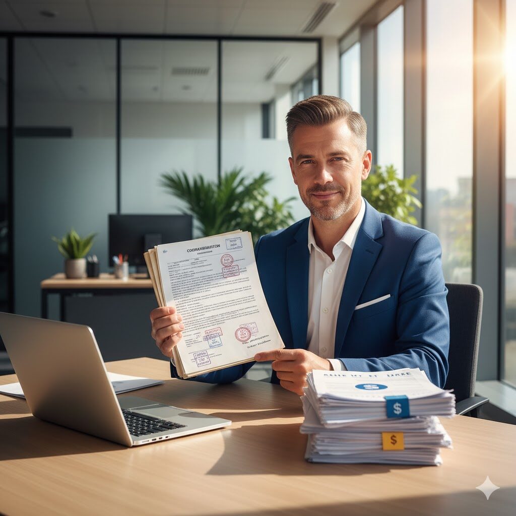 Business owner reviewing wholesale shelf corporation documents and funding approvals.