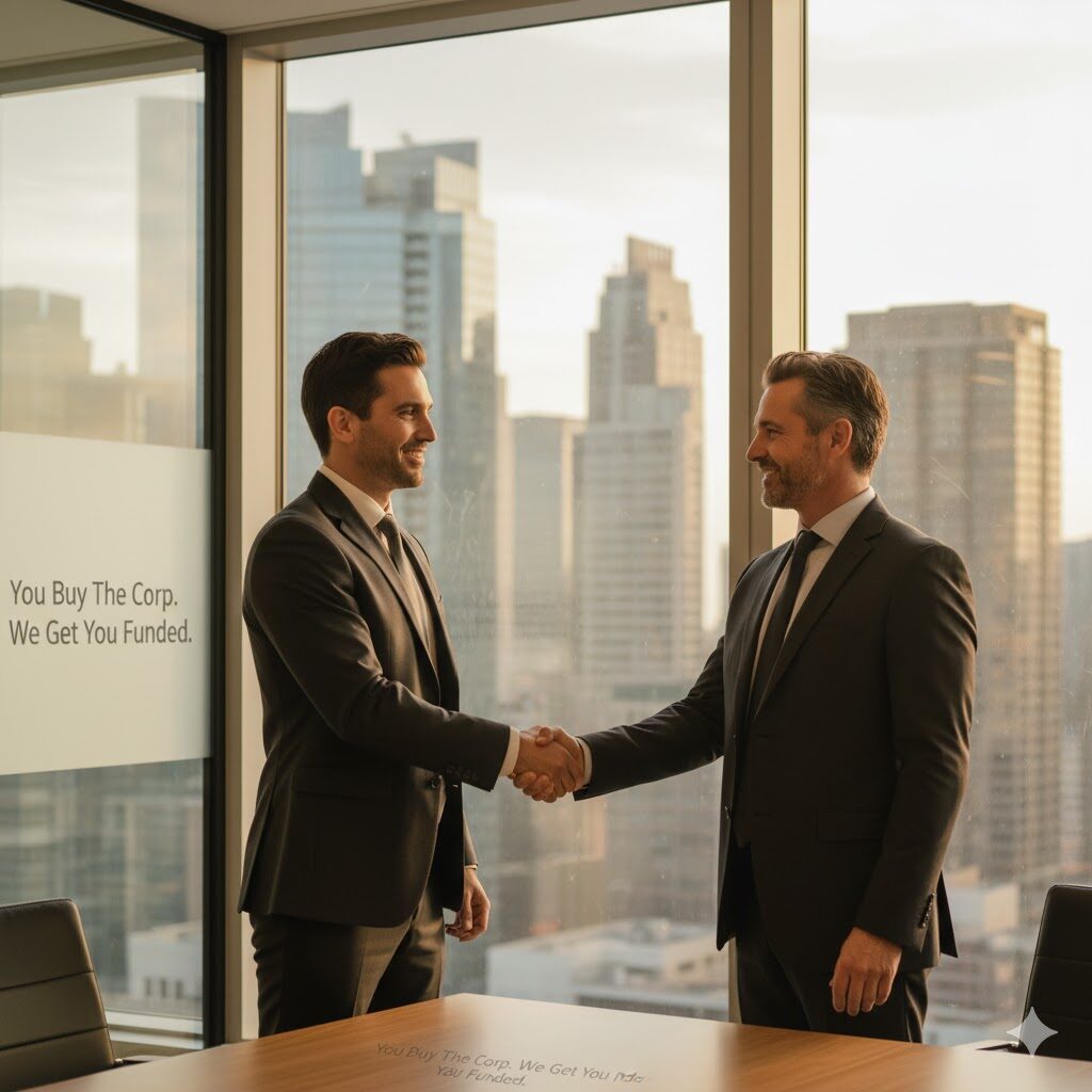 Entrepreneurs finalizing a wholesale shelf corporation purchase with funding support.