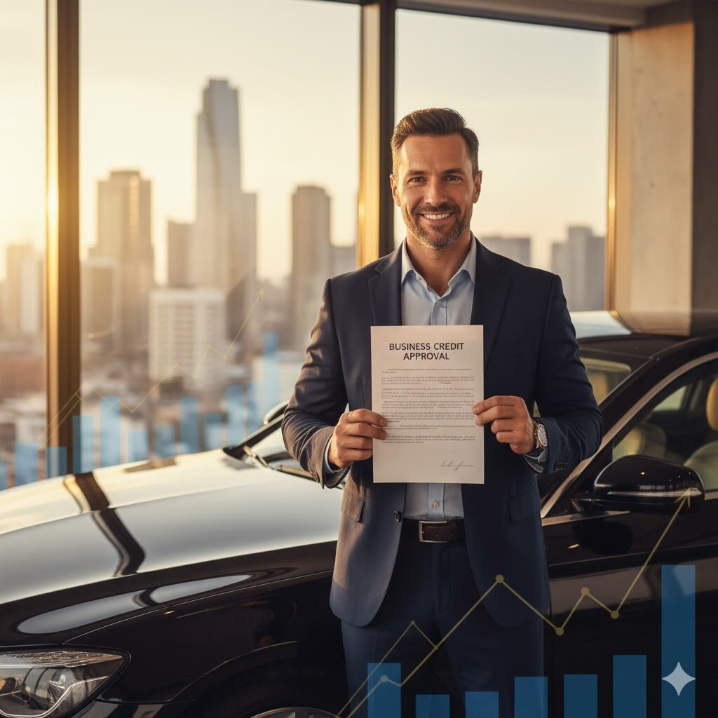 Successful entrepreneur holding business credit approval papers, symbolizing funding success and financial growth achieved through aged shelf corporations.
