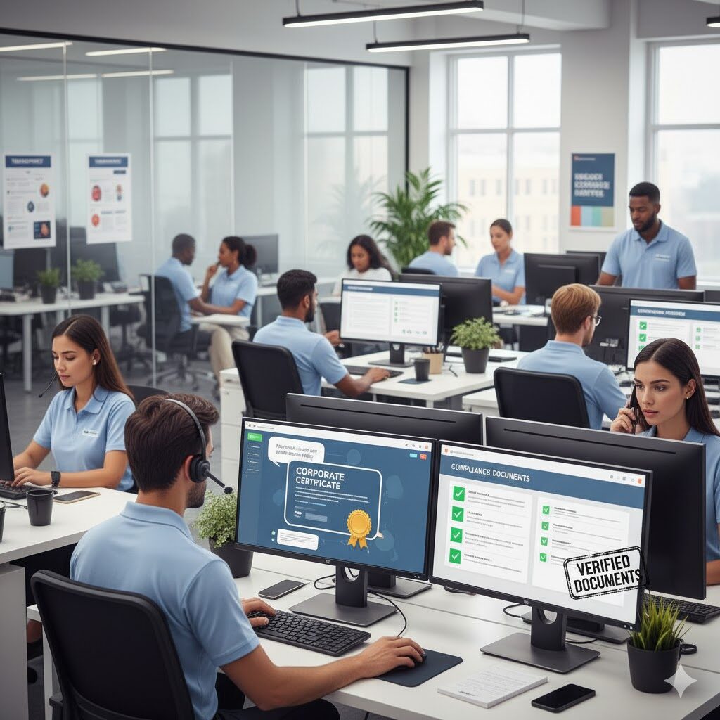 Customer support team at Wholesale Shelf Corporation helping clients with aged corporation transfers and compliance verification.
