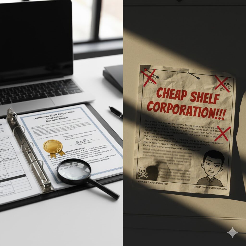 Comparison of legitimate shelf corporation with verified documents versus risky cheap shelf corporation ad, highlighting safe and unsafe business choices.
